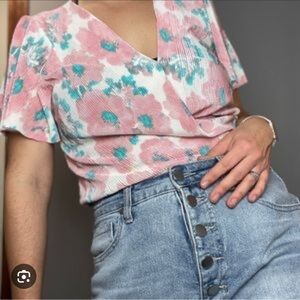 ASTR The Label Ladies Short Sleeve Top, Printed Pink Green Floral, Size Small